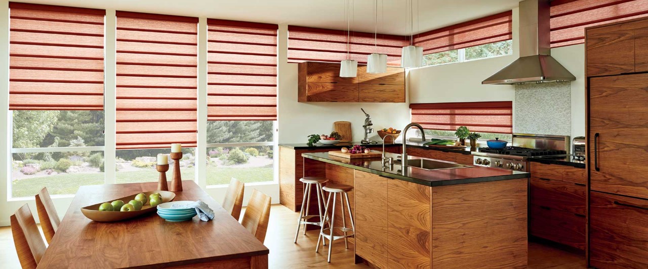 Rustic kitchen and dining table with Vignette Roman Shades